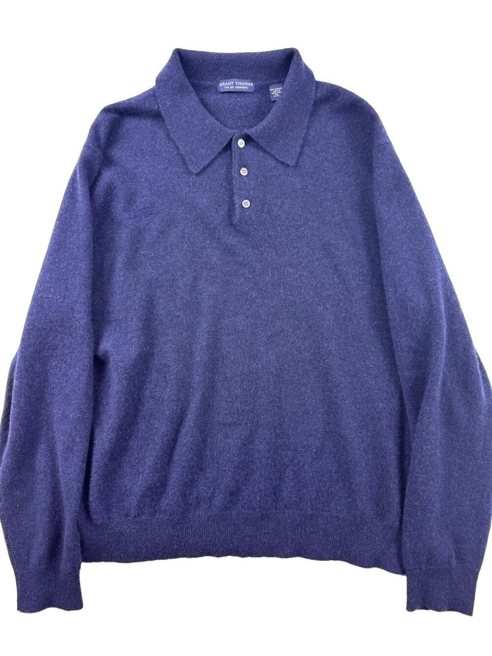 Grant Thomas Men’s XL Blue Cashmere Polo Sweater Three-Button Placket Soft Knit